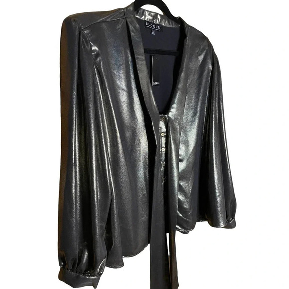 ELOQUII Women's Silver Gold Bronze Metallic Bow Long Sleeve Blouse Size 20 NWT - Picture 3 of 10